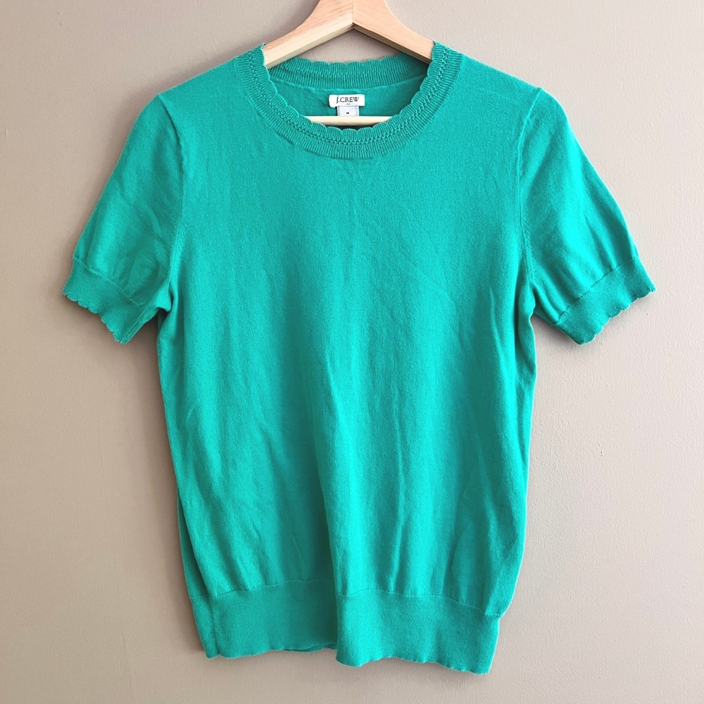 J.Crew Womens Green Scalloped Pointelle Neck Short Sleeve Cotton Sweater Size M